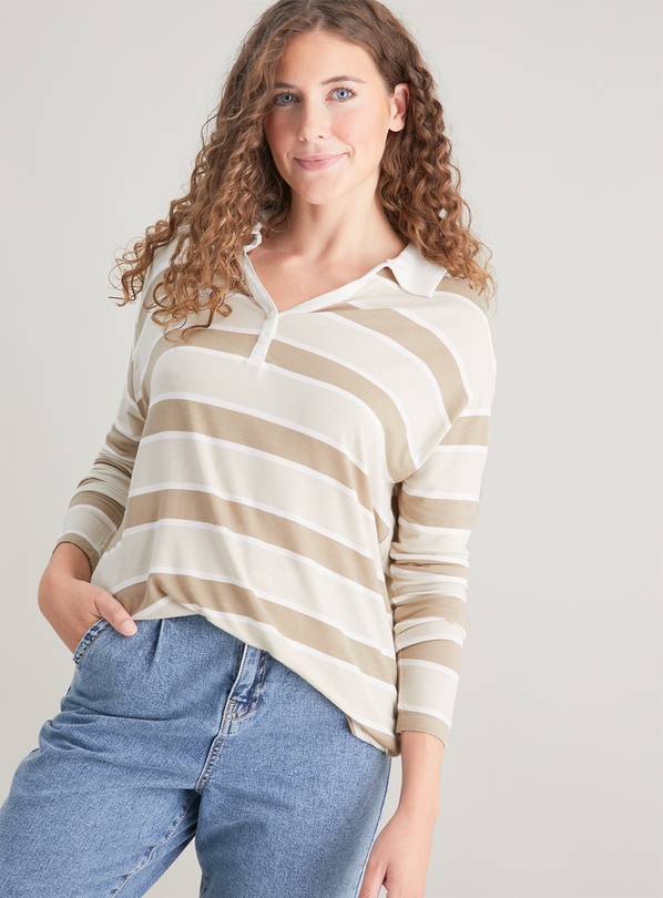 Neutral Stripe Collared Henley Relaxed Fit Top - 8